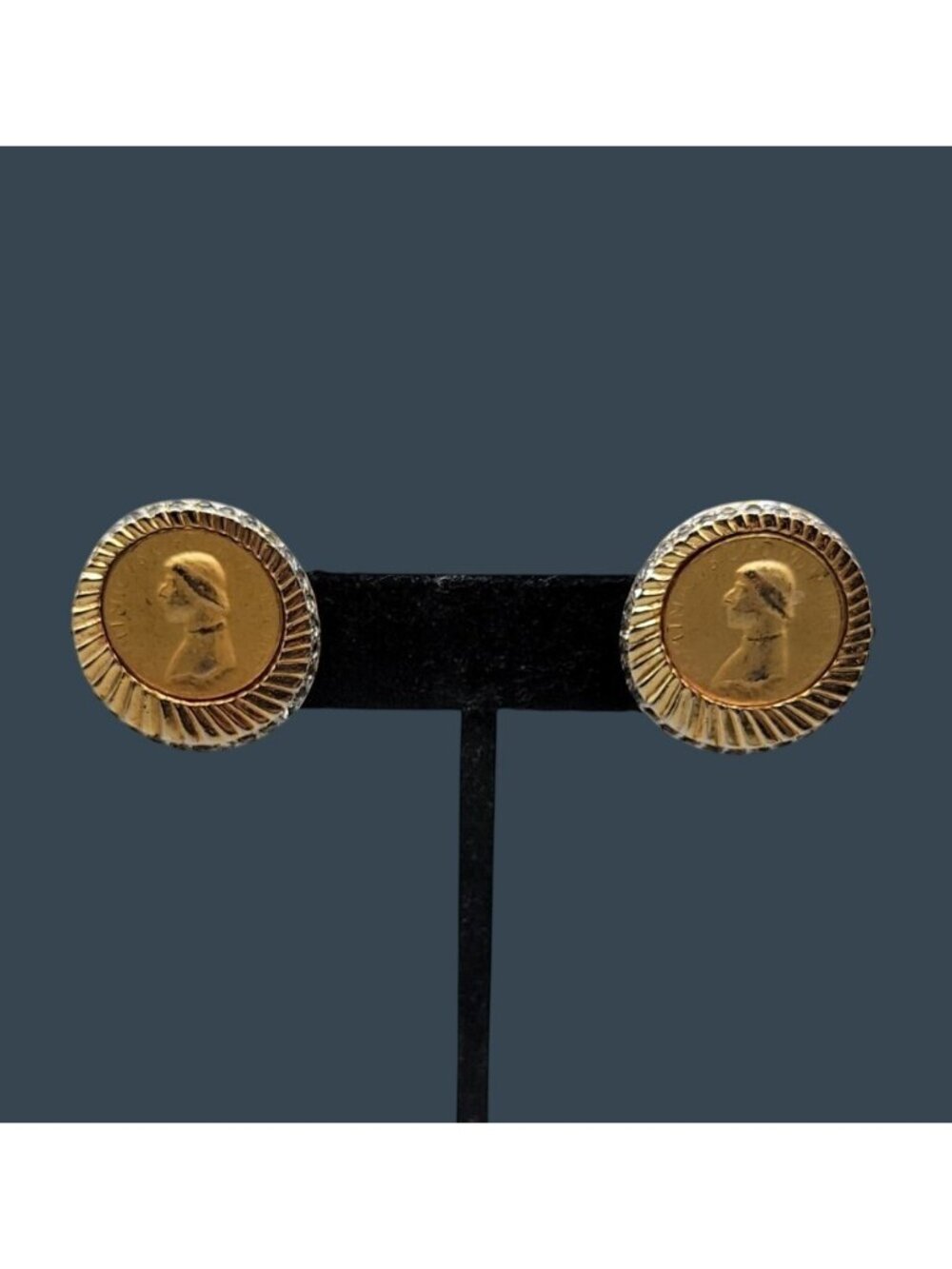Vintage Signed Nettie Rosenstein Medici Coin Clip On Earrings Rhinestone Border - Picture 2 of 16